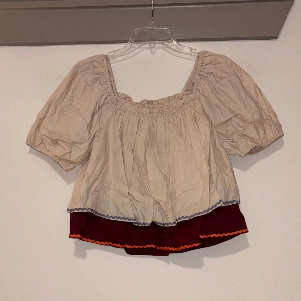 English Factory Colorblock Rickrack Trim Puff Sleeve Top SZ M NWT - Picture 3 of 6